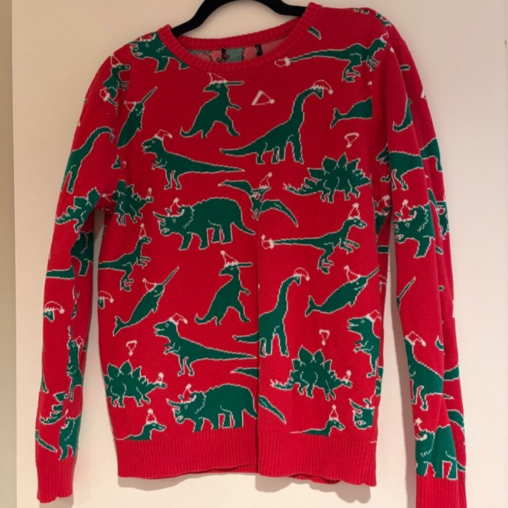Alex Stevens Boys' Ugly Christmas Sweater Dinosaur Scatter, Red Combo, X-Large